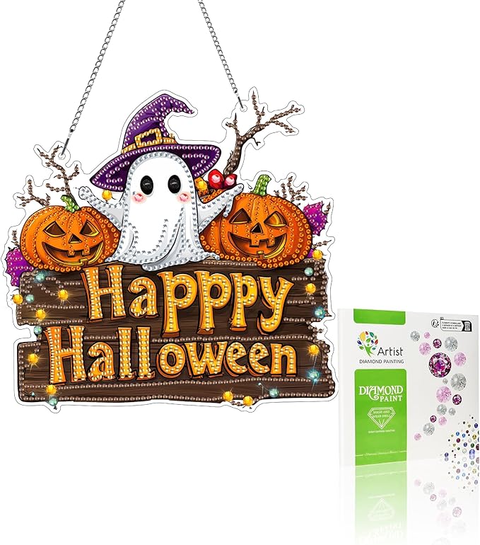 VAIIEYO Halloween Diamond Art Hanging Ornament, Ghost Pumpkin Diamond Painting Suncatchers Window Hanging Kit with Chain,7.5x7.5 inch Crystal Pendant Art Craft for Gift Home Wall Front Door Decoration