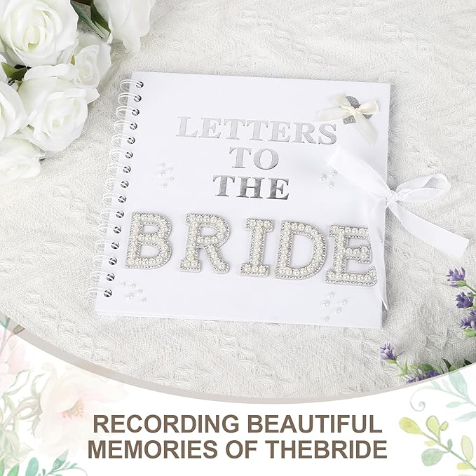 8 x 8 Inch Letters to The Bride Scrapbook Wedding Scrap Book Letters To The Bride Book Bridal DIY Blank Paper Scrapbook Photo Album with Pearl Stickers, Metallic Letters, Bows(White)