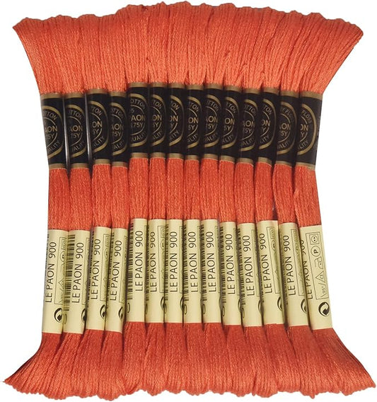 LE PAON Embroidery Floss, 14-Pack Six Strands 100% Long Staple Cotton Embroidery Thread, 8.7-Yard，Color Number：900, Dark Burnt Orange