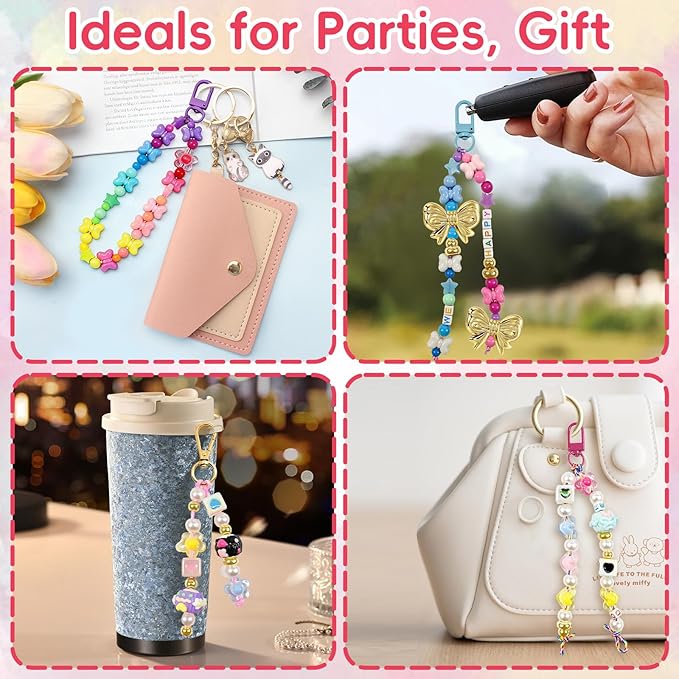 VvLons Bead Keychain Making Kit, Beaded Bag Charm Kit with Glow in The Dark Stars Beads, Colorful Hearts Flowers Bow Letter Alphabet Pony Beads, Football Keyrings Great for Gift or Party DIY Crafts
