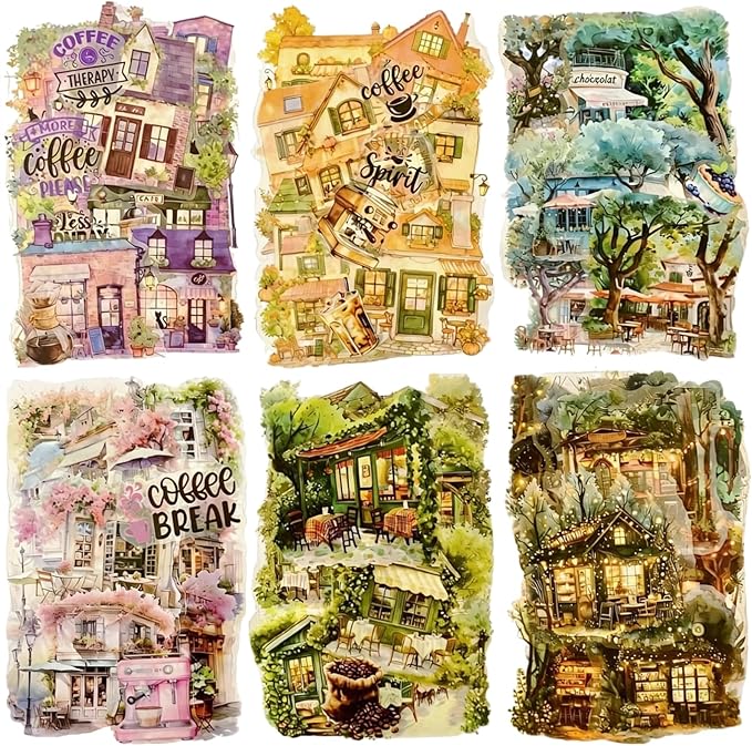 TIAMECH Encounter Cafe PET Stickers - 150 Pcs Silent Romantic Delicious Leisure Coffee Design, Waterproof Sticker for Journaling & Scrapbooking, Junk Journal Supplies, Ephemera & DIY Crafts