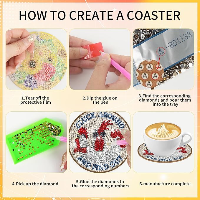 Funny Chicken Diamond Art Coasters, Rooster Diamond Painting Coaster Kits with Holder and Cork Pads, Farmhouse DIY Making Kit for Adults Crafts Chicken Gifts for Women Party Supplies