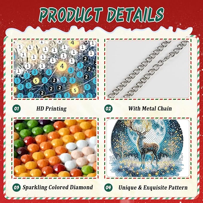 EMIEAUFG Christmas Diamond Art Hanging Kit for Adult, Xmas Deer Diamond Art Pendants, Double Sided Acrylic, 5D Special Shaped Rhinestone, Diamond DIY Ornament for Window Home Wall Decor