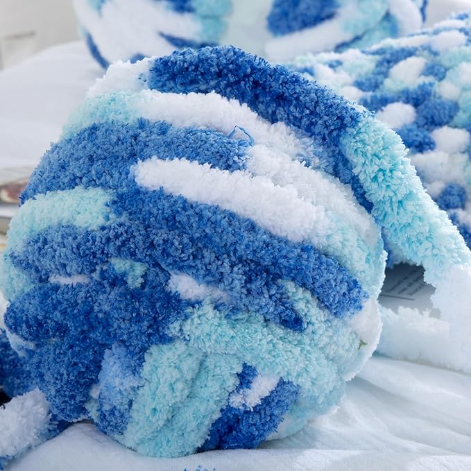 HOMBYS Chunky Tie Dye Mix Chenille Yarn for Hand Knitting, Super Bulky Jumbo Yarn for Crocheting, 3/4" Thick Soft Plush Yarn for Blankets, 8 Skein Pack (26 yds / 7.5 oz Each) Blue,Sky Blue,White