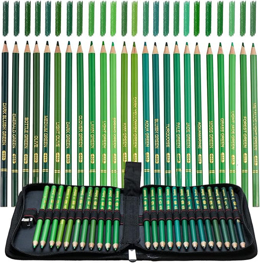 Green Colored Pencils,Oil Based Wooden Colored Pencil Set for Adults Coloring Books Drawing Sketching Art Supplies 24 Color