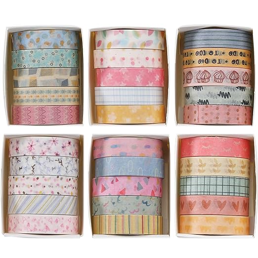 YUBX Basic Washi Tape Set 30 Rolls Cute Patterns Decorative Skinny Slim Masking Tapes for Arts, DIY Crafts, Journals, Planners, Scrapbook, Wrapping (Kawaii One)