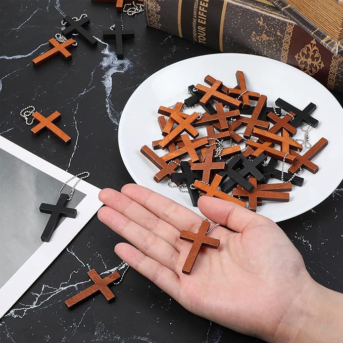 Junkin 75 Pcs 3 Colors Wood Cross Charms Mini Pendant with Chains Natural Wooden Cross Hanging Ornament for DIY Necklace Bracelet Earring Jewelry Craft Making Handmade Accessories Party Favor