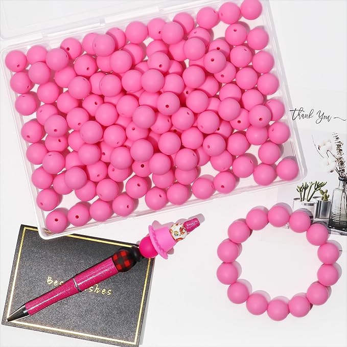 120pcs 15mm Bulk Silicone Beads for Pens, Keychains, Necklaces & Bracelets Making, Assorted Rubber Beads Set (Pink)