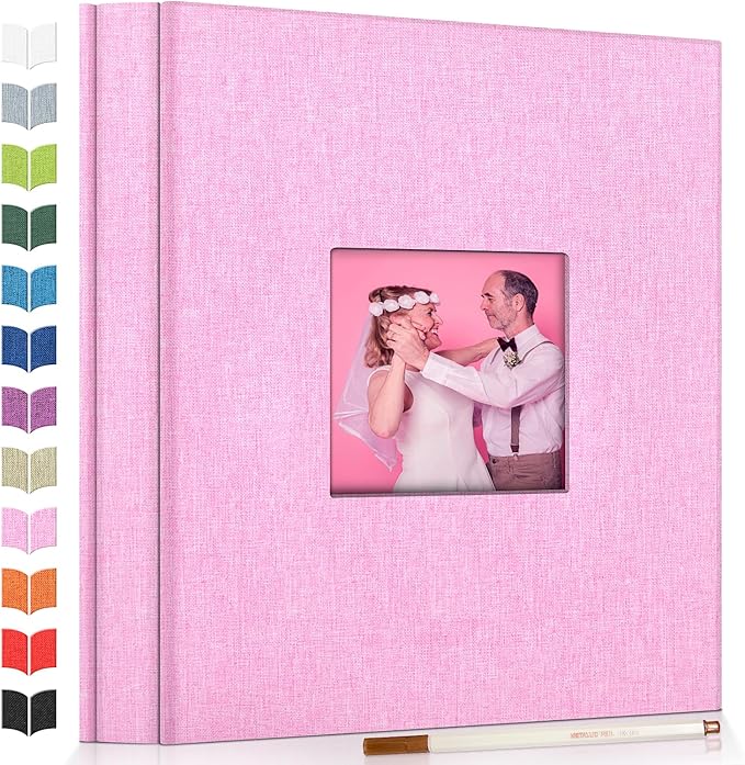 Photo Album Self Adhesive Scrapbook Album for 3x5 4x6 5x7 8x10 Pictures,40 Pages Linen Cover with Display Window DIY Photo Book,Ideal Gifts for Family Travel Wedding Baby