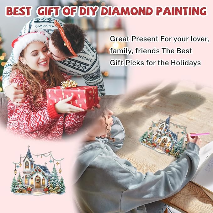 Bowetile Church Diamond Art Hanging Kits for Adults, Christmas Diamond Art Suncatchers, 5D Special Shape Diamond Painting Pendant Window Ornament Christmas Gifts for Home Door Wall Decor