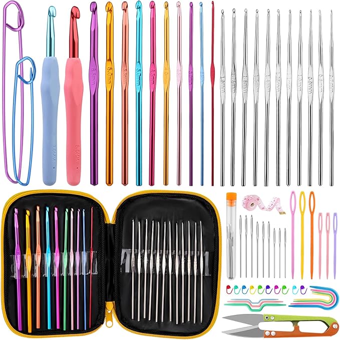 IMZAY 66 Pcs Crochet Hooks Set, Crochet Needles for Yarn with Storage Case, Crochet Kits for Beginners Ergonomic Blunt Needles Stitch Marker DIY Hand Knitting Craft Art Tools for Beginners (Yellow)