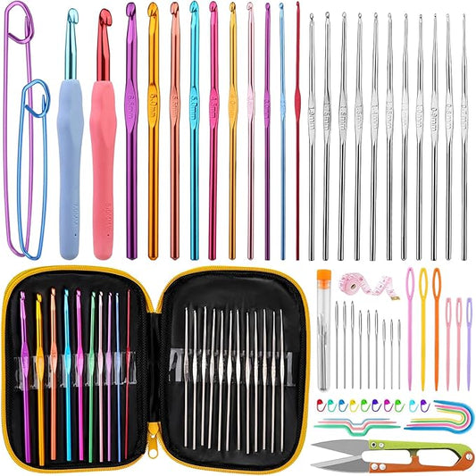 IMZAY 66 Pcs Crochet Hooks Set, Crochet Needles for Yarn with Storage Case, Crochet Kits for Beginners Ergonomic Blunt Needles Stitch Marker DIY Hand Knitting Craft Art Tools for Beginners (Yellow)