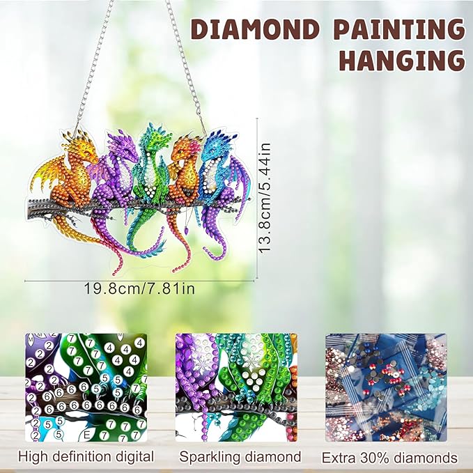 MAXBYE Diamond Art Kits Hanging Colorful Dragon Pendant, DIY 5D Special Shaped Diamond Painting Craft Gem Art Rhinestone for Adults and Home Window Door Decor 8×8 Inch
