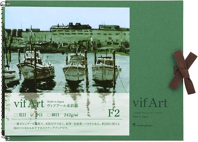 Maruman VifArt Watercolor Artbook- Premium Medium Watercolor Paper, Natural White, F2, 7.83" x 10.28", 15 Sheets/ 30 Pages, Reinforced Cover Sketchbook for Watercolor & Mixed Media, Green