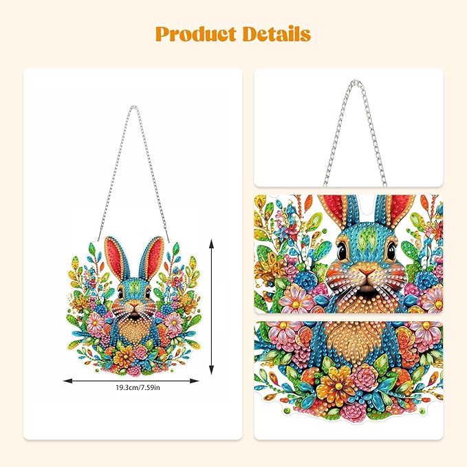 RICUVED Easter Diamond Art Hanging Kit for Adult, Rabbit Special Shaped Diamond Painting Pendant Board Kit, 5D Art Suncatchers Double Sided Hanging Window Ornament for Home Garden Decor