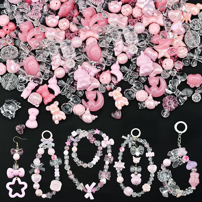 ABONDEVER 245-300Pcs Assorted Acrylic Beads for Bracelets Making Cute Star Bow Flower Candy Heart Gummy Bear Butterfly Beads for DIY Jewelry Crafts Keychain Necklace Phone Charms(Pink)