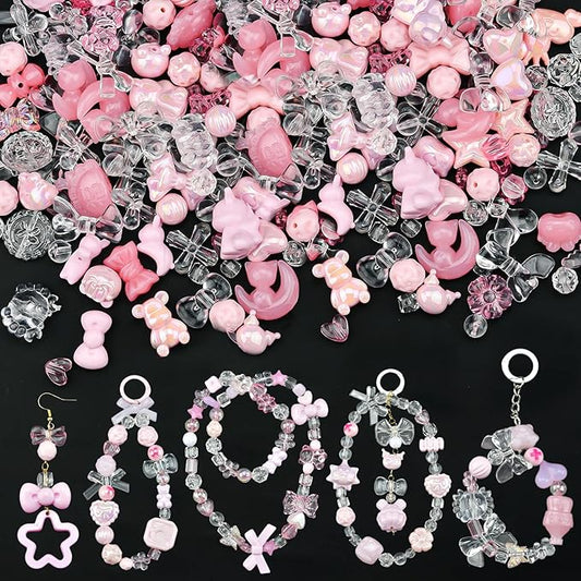 ABONDEVER 245-300Pcs Assorted Acrylic Beads for Bracelets Making Cute Star Bow Flower Candy Heart Gummy Bear Butterfly Beads for DIY Jewelry Crafts Keychain Necklace Phone Charms(Pink)