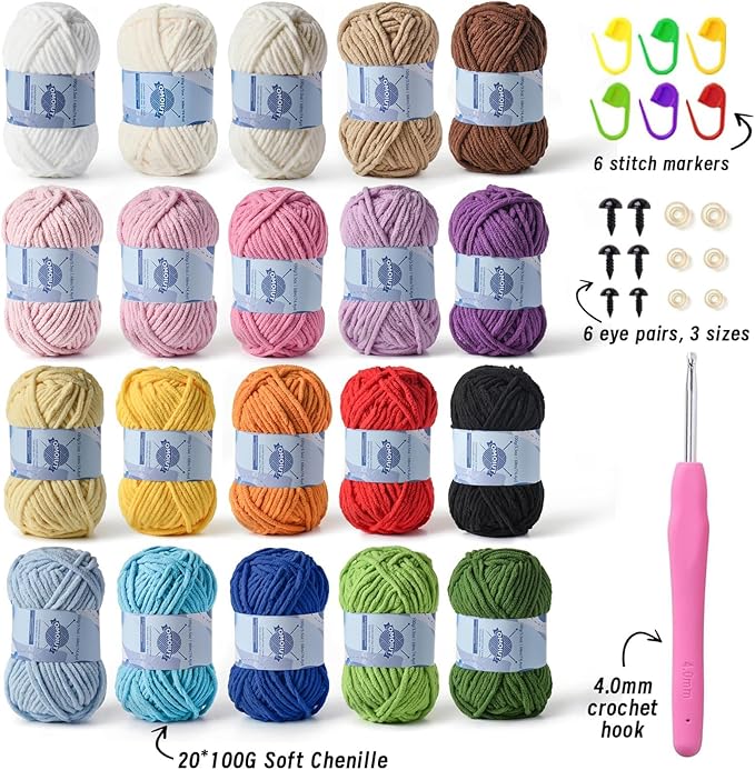 20 Pack Fluff Chenille Chunky Yarn for Crocheting Premier Puzzle - Velvet Baby Crochet Yarn with Black White Purple Pink Blue Coffee Red Khaki Yellow Amigurumi Set B