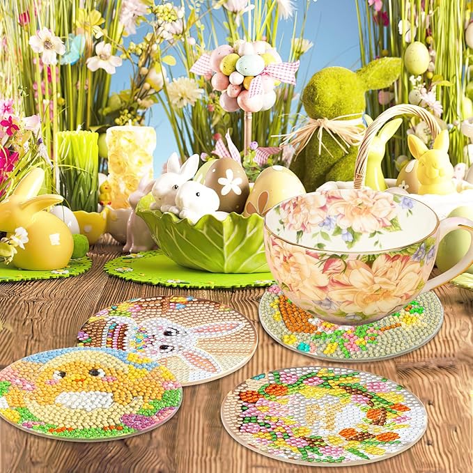 UPINS 8 Pieces Easter Diamond Art Coasters,Bunnies Diamond Art Coaster for Adults Diamond Kits Supplies for Spring Easter Gift