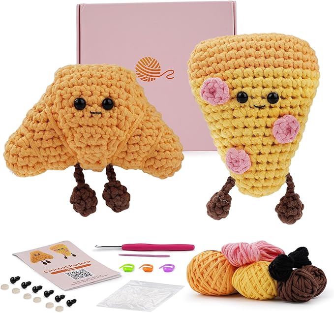 LetCartMaker Beginner Amigurumi Crochet Kit with Video Tutorials - Pizza, Croissant or Dessert Theme | Complete Starter Set for Kids & Adults (Yarn, Hook, Eyes Included) (Pizza & Croissant Set)