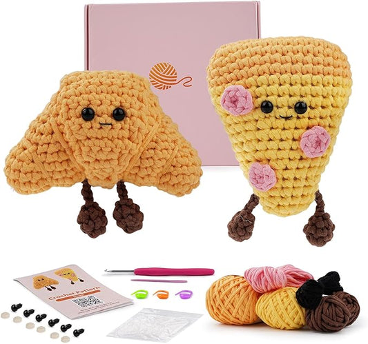 LetCartMaker Beginner Amigurumi Crochet Kit with Video Tutorials - Pizza, Croissant or Dessert Theme | Complete Starter Set for Kids & Adults (Yarn, Hook, Eyes Included) (Pizza & Croissant Set)