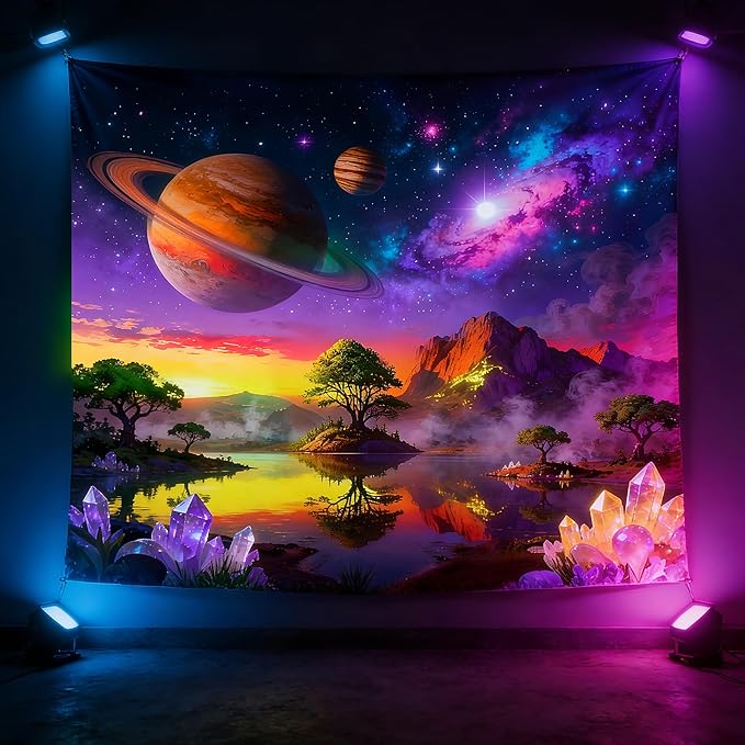 Duoduobuy 59x51 Inch Blacklight Tapestry Black Light Posters Glow in the Dark Tapestry Galaxy Space Tapestries Trippy Landscape Planet Magical Trees Crystals Wall Decor with Traceless Nail Hook Kit