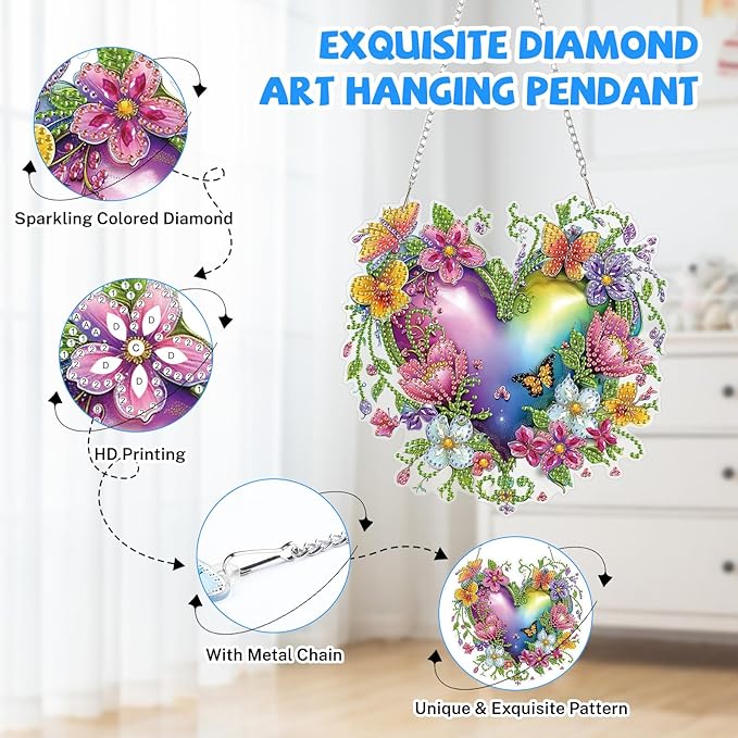 Heart-Shaped Flower Diamond Art Hanging Kits for Adults, Diamond Art Suncatchers Flower, 5D Special Shape Diamond Painting Pendant Window Ornament Gifts for Home Door Wall Garden Decor
