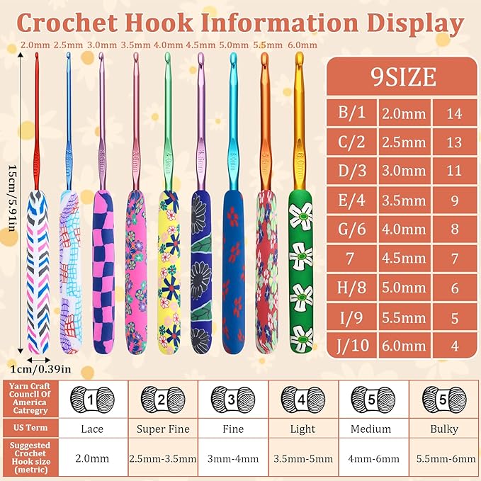 Looen Crochet Hook 9-Piece Set, Ergonomic Soft Grip for Crocheting, Warm Crochet Hooks, Beautiful Knitting and Crochet Supplies, Crochet Kits for Arthritis Patients and Beginner Kids.