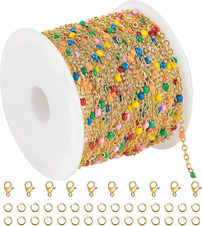 KYUNHOO 16.4 Feet Gold Jewelry Chains for Necklaces Crafting Multicolor Enamel Bead Chain Roll Soldered Stainless Steel Chain for Jewelry Making with Lobster Clasps Jump Rings
