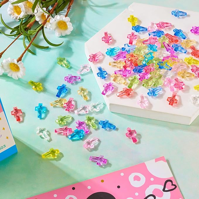 FASHEWELRY 300pcs Clear Acrylic Cross Beads Candy Color Cross Loose Beads Transparent Crosses Spacer Beads Easter Crucifix Loose Beads for Jewelry Making
