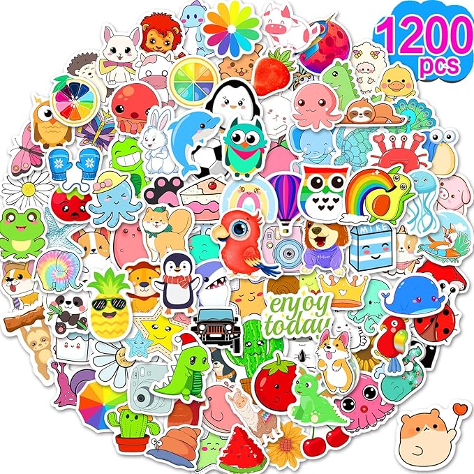 1200 pcs stickers for kids, cute water bottle stickers for teens, kawaii vinyl phone laptop skateboard animal waterproof sticker, bulk aesthetic sticker packs for boys girls teacher