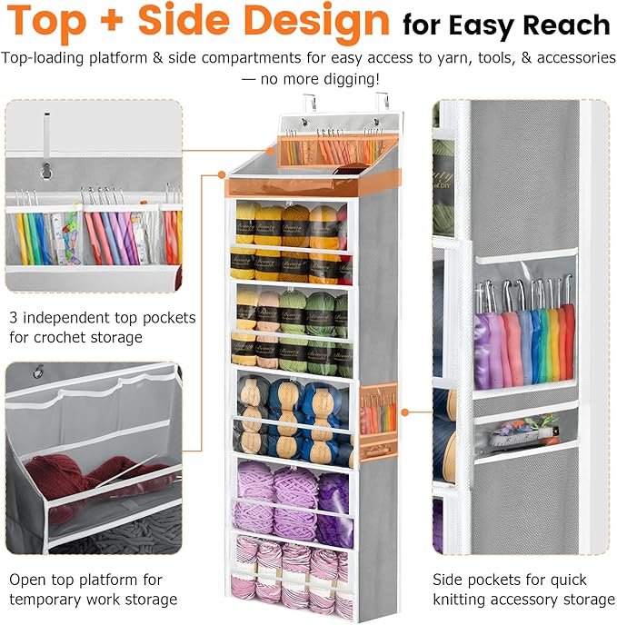 Yarn Storage Organizer, Grey Yarn Holder Over the Door Hanging Crochet Kit Storage with 5 Zippered Compartments, Large Capacity Sewing Organizer Gifts for Knitters Needles Crochet Hooks