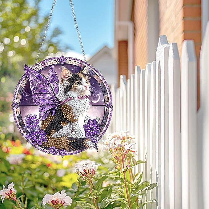Wergund 5D Cat Diamond Art Hanging Kits, Hanging Diamond Art Animal, Acrylic Special Shaped Rhinestone, Window Hanging Pendants for Home Wall Garden Front Door Outdoor Decor Gift(Cat)