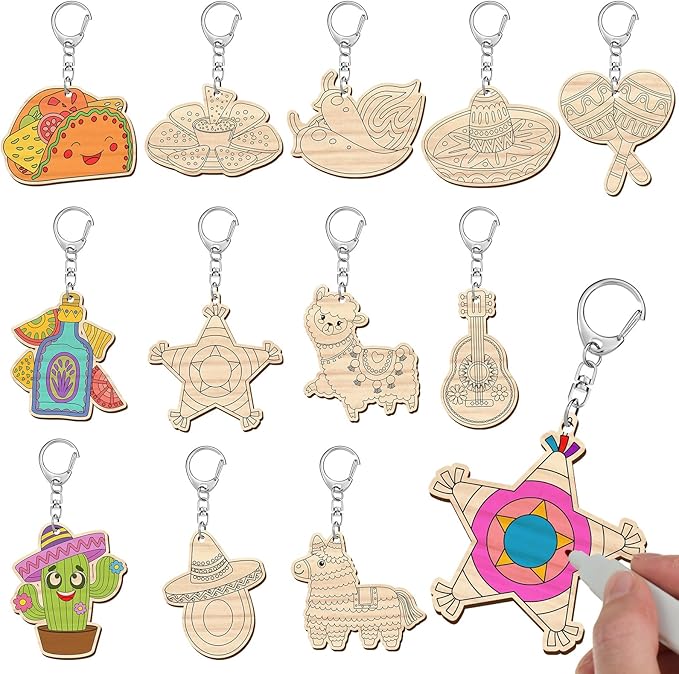 Trnayi 36 Pcs Fiesta Wooden Mexican Craft Kits Color Your Own Cinco De Mayo Keychain DIY Cactus Tacos Llamas Wood Keychains Paintable Unfinished Craft Exchange Gift for Fiesta Party Activity