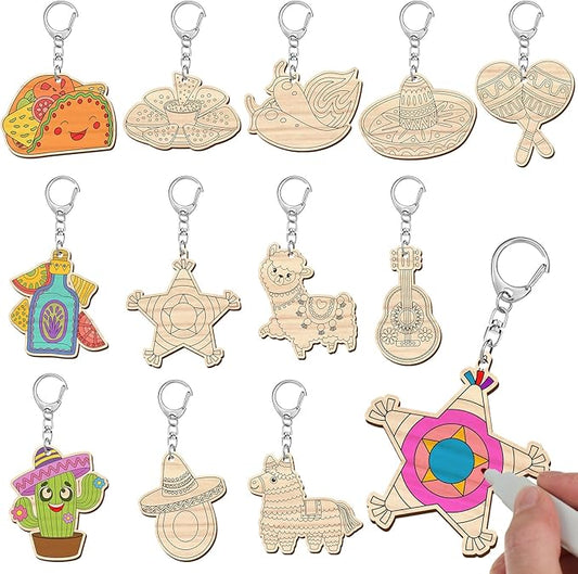 Trnayi 36 Pcs Fiesta Wooden Mexican Craft Kits Color Your Own Cinco De Mayo Keychain DIY Cactus Tacos Llamas Wood Keychains Paintable Unfinished Craft Exchange Gift for Fiesta Party Activity