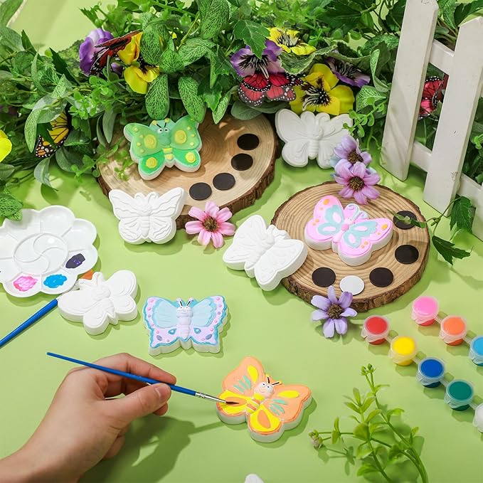 WinnerWhy 24 Sets Spring Butterfly Ceramic Painting Kit Make Your Own Butterfly Figurine Paint DIY Beautiful Painting Statue Craft Paint Your Own Spring Statue for Party Adult Art Activity Supply