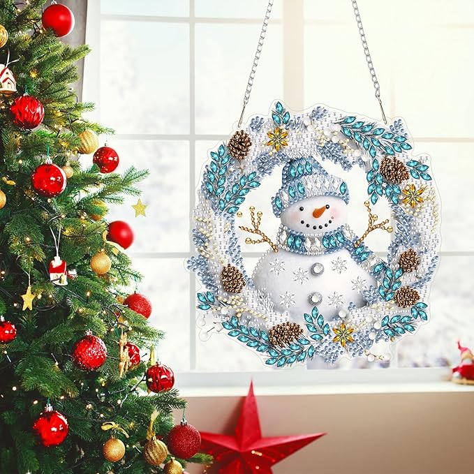 MEIYUDA Snowman Diamond Art Hanging Kits for Adult, Snowman Winter Wreath Diamond Painting Hanging Kits Ornaments, DIY Special Shaped Rhinestone Window Pendants kit for Home Garden Wall Decor