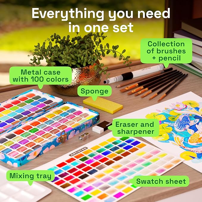 ARTISTRO 100 Color Watercolor Paint Set - Portable Paint Art Kit with Palette and Brush Pens - Travel Water Color Set for Adults, Professionals, Kids - Art and Painting Supplies - Gift Idea