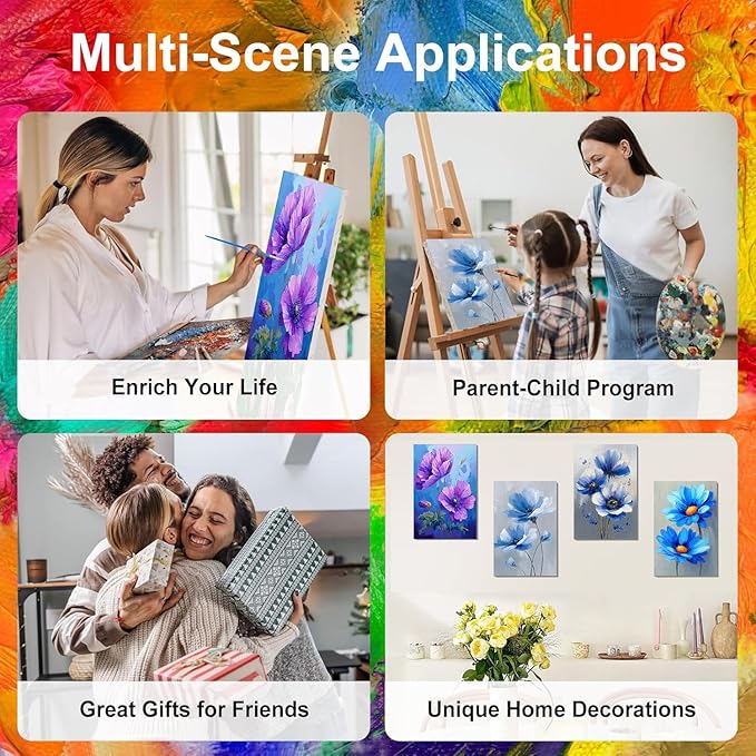 4 Pack Paint by Numbers for Adults with Framed Canvas - with Wooden Easel, Easy Flower Paint by Number for Beginners, Flowers Acrylic Oil Painting on Canvas with Brushes for Home Wall Decor 8x12 inch