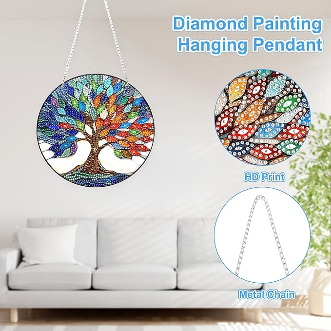 TOSTOG Diamond Art Hanging Kits for Adults, DIY Diamond Paintings for Adults Window Pendant, Special Shape Diamonds Colorful Tree of Life Diamond Paintings Hanging Pendant Kit for Wall Decor Gift