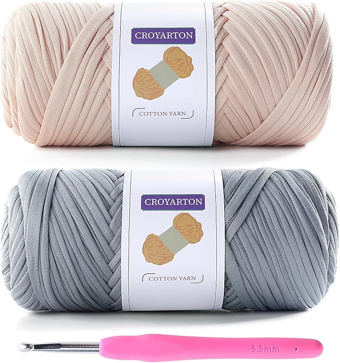 2 Pack Tshirt Yarn for Crocheting, Elastic T Shirt Spaghetti Thick Knitting Yarn Total Length 130 Yds for Crochet Bag Baskets Home Decor with 1 Crochet Hook (Beige+Light Gray)