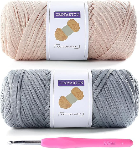 2 Pack Tshirt Yarn for Crocheting, Elastic T Shirt Spaghetti Thick Knitting Yarn Total Length 130 Yds for Crochet Bag Baskets Home Decor with 1 Crochet Hook (Beige+Light Gray)