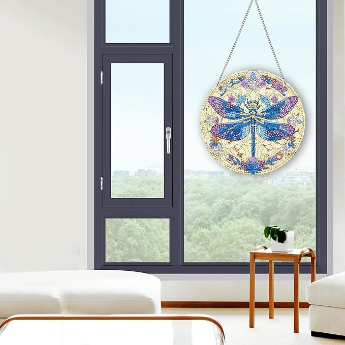 Hanging Diamond Art Kits for Adults Dragonfly – 8x8 Inch Double-Sided Acrylic Board DIY Crystal Diamond Suncatcher Pendant, Sparkling Home Wall or Window Decoration Handmade Gift