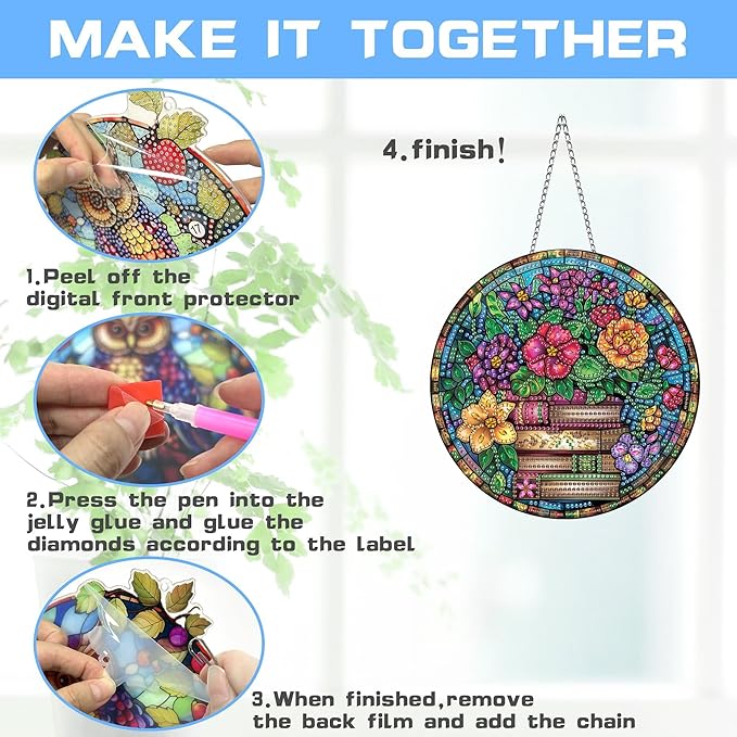 VAIIEYO Book Diamond Art Hanging Ornament, Flower Diamond Painting Suncatchers Window Hanging Kit with Chain, 7.5x7.5 inch Crystal Pendant Art Craft for Gift Home Wall Front Door Decoration