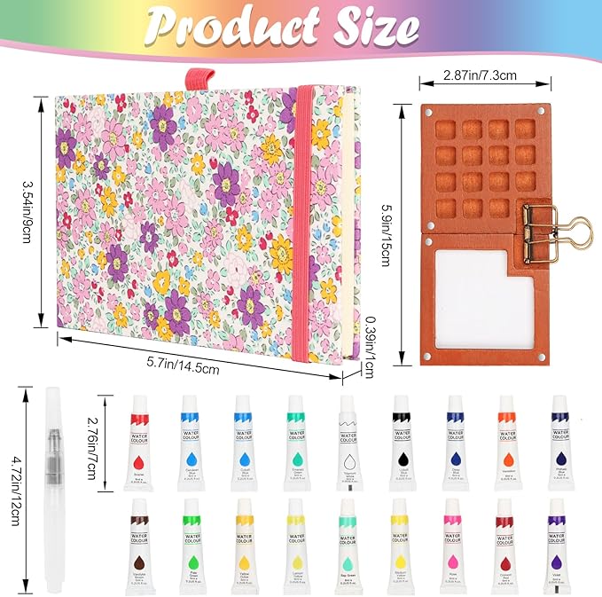 Travel Watercolor Set，Mini Paint Palette Travel kit，Mini Water Color Paint Set，Wooden 15 Grid Paint Box,18 Colors Small Watercolor Sketchbook for Artists Painters Students(Pink)