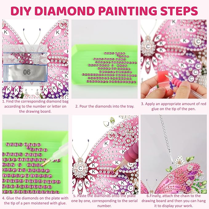 MEIYUDA Butterfly Diamond Art Hanging Kits for Adult, Flowers Butterfly Diamond Painting Hanging Kits Ornaments, DIY Special Shaped Rhinestone Window Pendants kit for Home Garden Wall Decor Gift