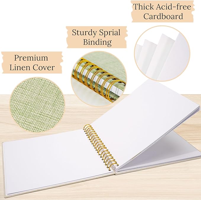 Scrapbook Photo Album Linen Cover, 10 x 10 Inch Hardcover Kraft White Pages Memory Book, for Travel Wedding Guest Book Christmas Baby Shower (20 Sheets/ 40 Pages,Grassgreen)