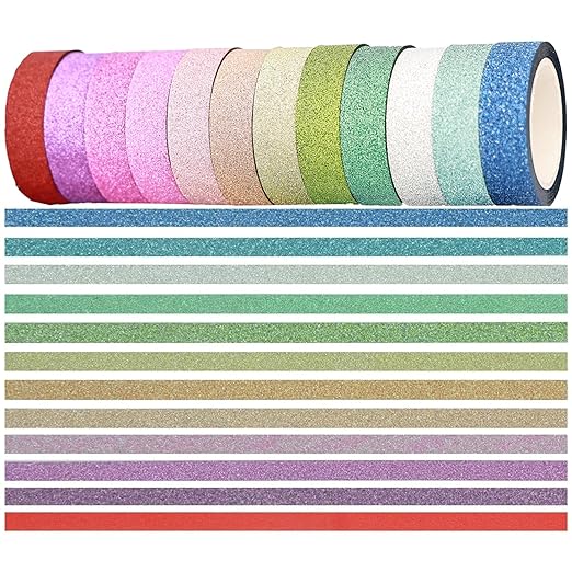 YUKUNTANG Glitter Washi Tape Set, 12 Rolls, 10mm x 66 Yards, Metallic Foil Sparkle Decorative Craft Tape for DIY Art, Scrapbooking, Journaling, Gift Wrapping