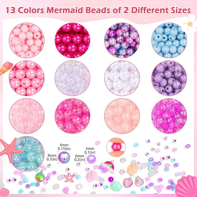 Qinzave 1074PCS Mermaid Bracelet Making Kit with Letter Beads, Bracelet Making Kit with Assorted Sizes 6mm 8mm, Mermaid Charm DIY Beads for Bracelet Necklace Earring Art Craft