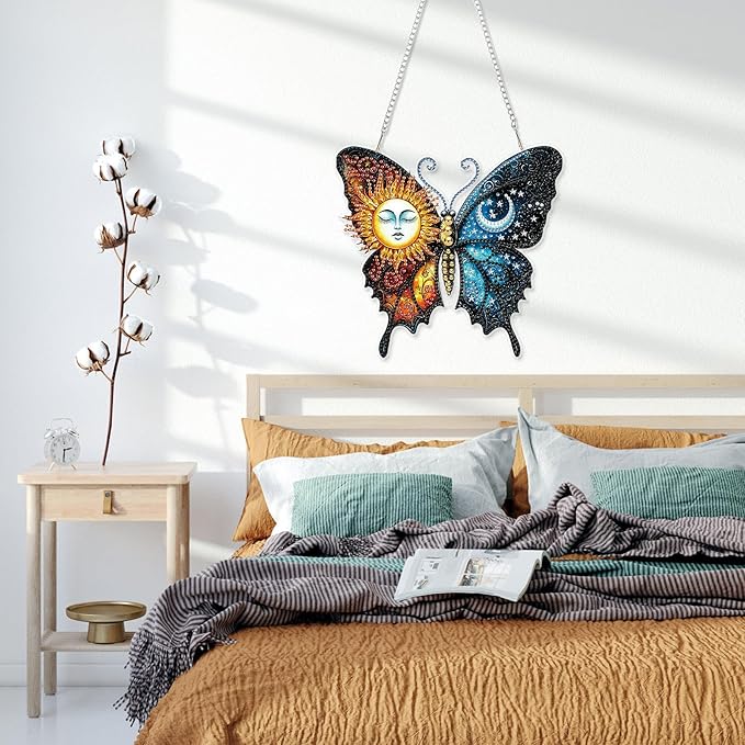 HEIBAGO Diamond Art Hanging Kits for Adults Kids, Hanging Diamond Art Butterfly, 5D Special Shaped Crystal Diamond Painting Kit Sun and Moon, DIY Pattern Window Pendant for Home Wall Decor 8.3x8.3Inch